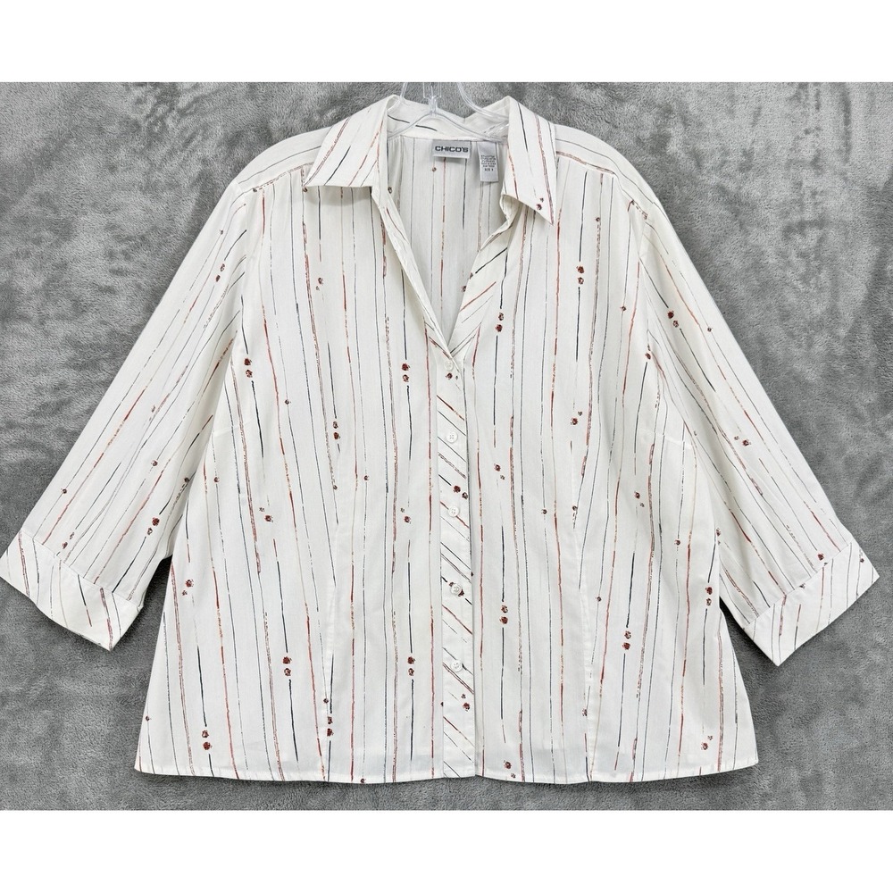 Chicos Blouse 3 US XL Lady Bug Striped Career Classic Button Casual White Office